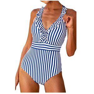 CUPSHE Women's V Neck One Piece Swimsuit Ruffled Back Cross Swimwear in Blue and